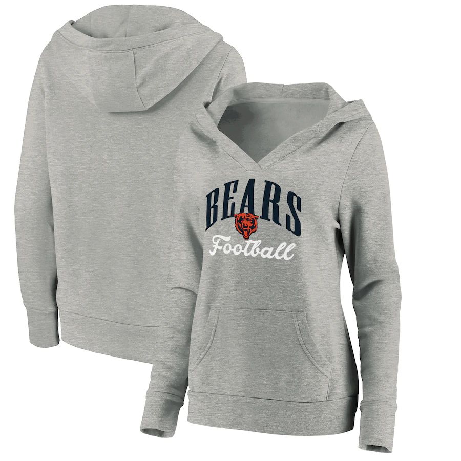 Women Chicago Bears Fanatics Branded Heathered Gray Victory Script V-Neck Pullover Hoodie->women nfl jersey->Women Jersey